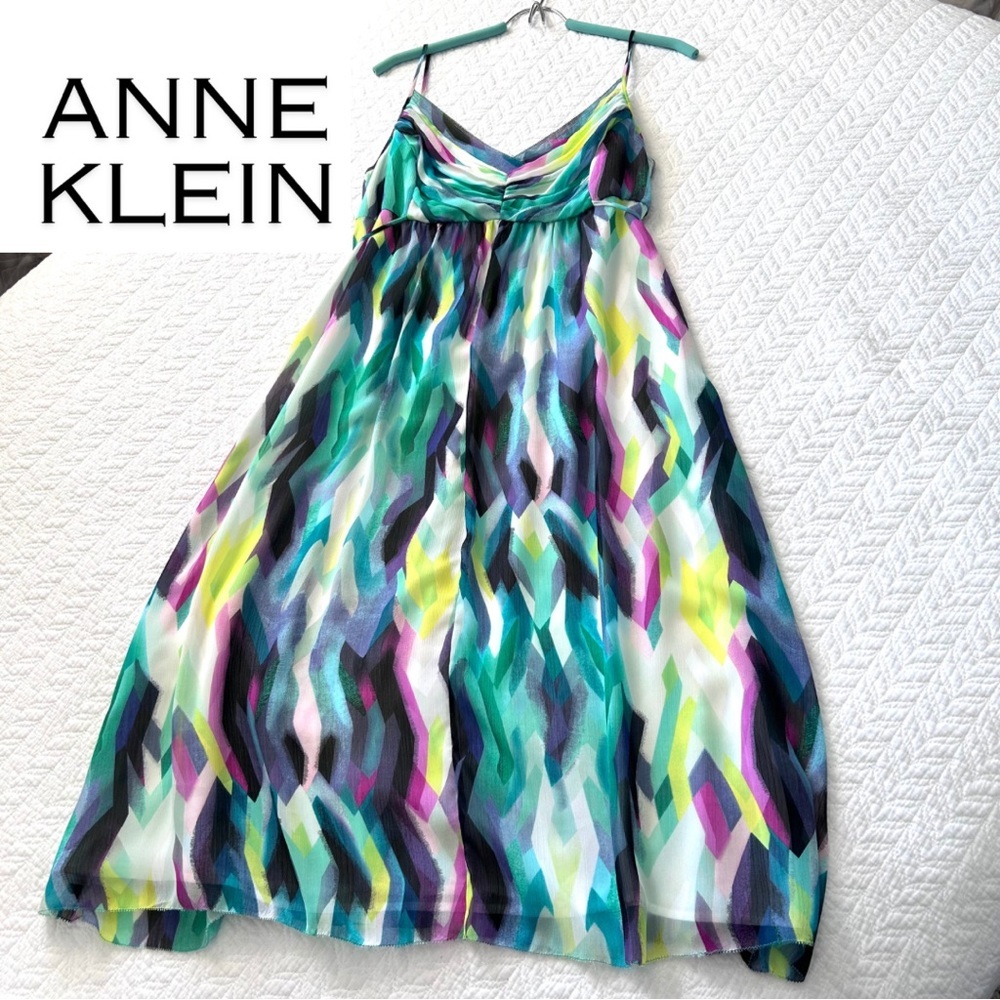Anne Klein Teal Multi-Color Printed Spaghetti Strap Dress